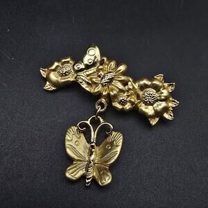 Torino Gold Tone Butterfly Brooch Floral Flowers Spring Gardener Gift